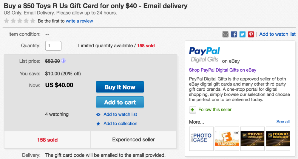 Save up to 20 on gift cards w/ email delivery from Toys R Us, Kohl's