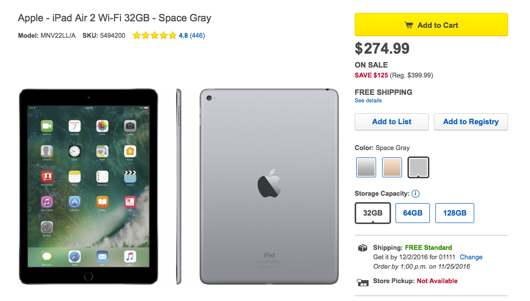 You can save $125 on Apple’s iPad Air 2 in Best Buy’s Black Friday sale