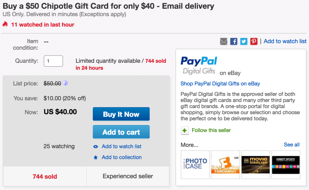 Chipotle 50 Gift Card for 40 with email delivery from PayPal's