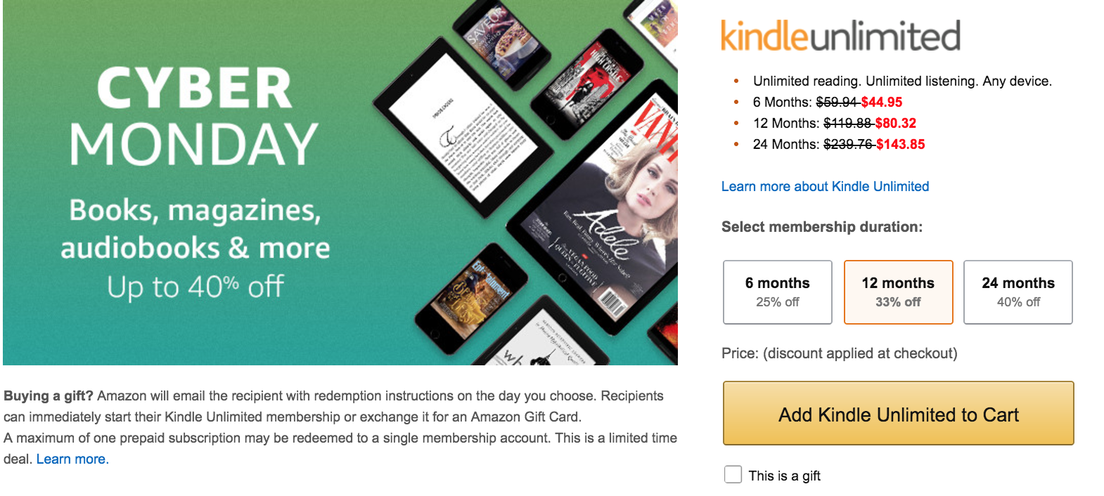 Amazon's Cyber Monday has Kindle Unlimited 40 off, 400 toprated