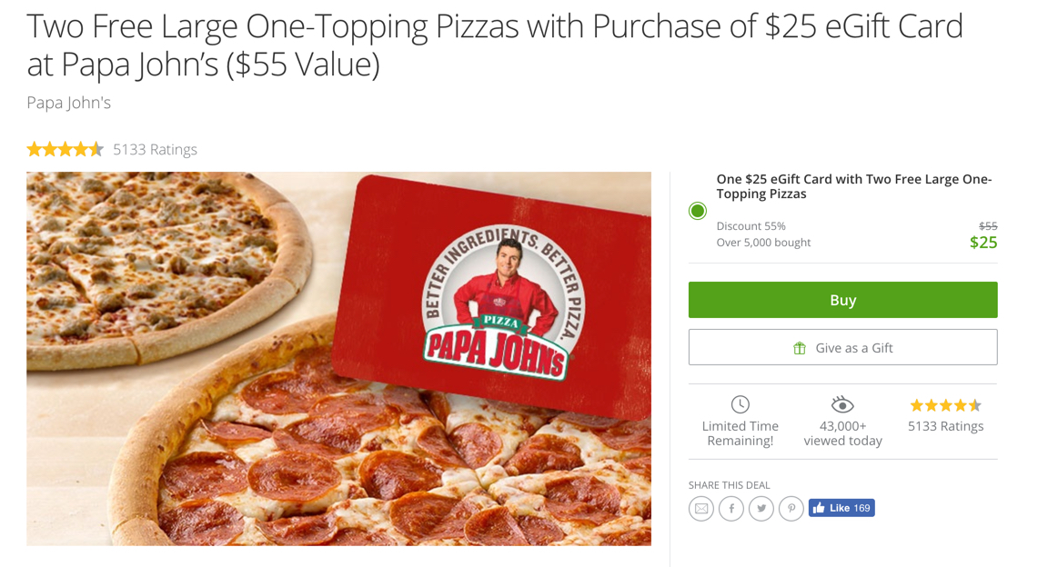 Two Free Pizzas & $25 eGift Card - Papa John's