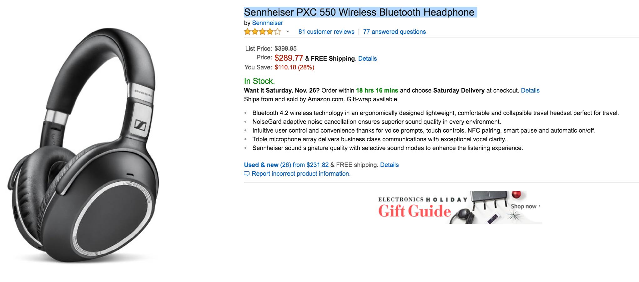 Sennheiser Pxc 550 Wireless Bluetooth Nc Headphones $110 Down To $290 