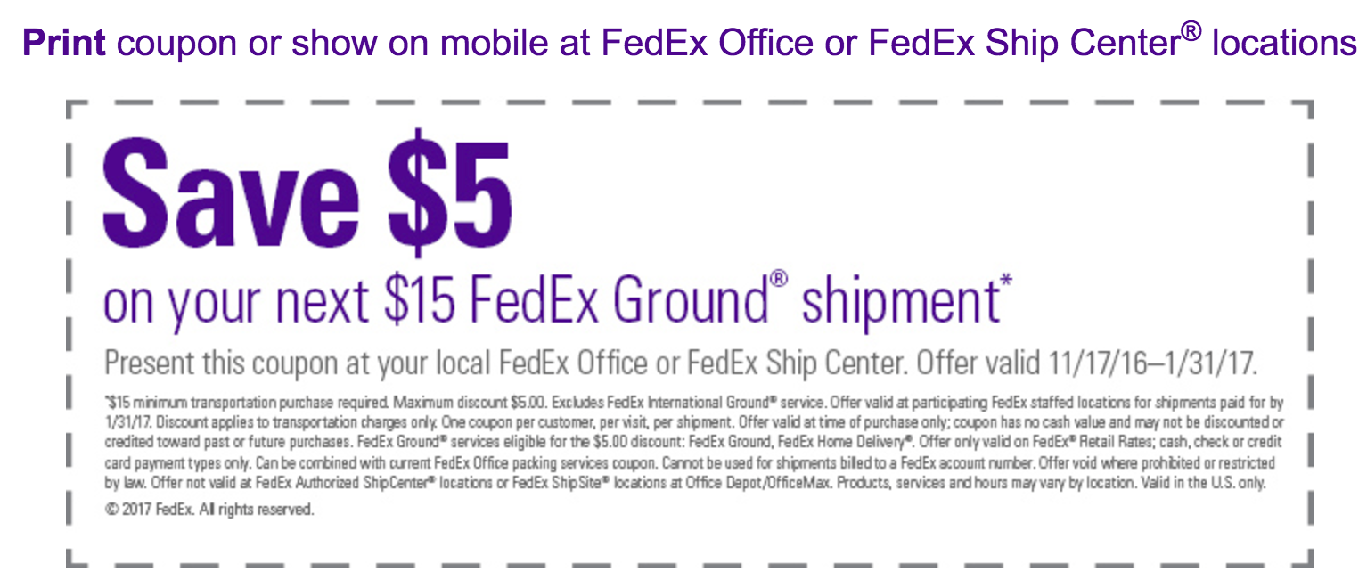 Get a FedEx printable instore coupon for 5 off a 15 or more ground