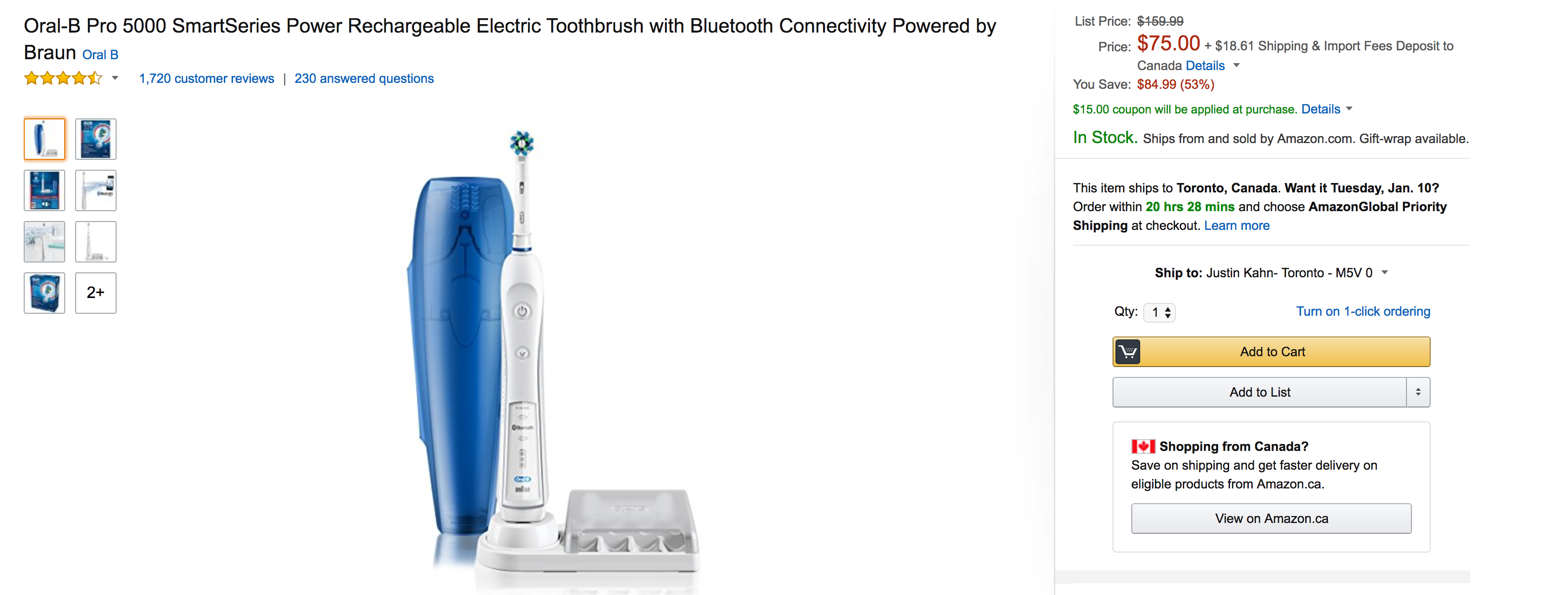 Oral-B Pro 5000 SmartSeries Power Rechargeable Electric Toothbrush w/  Bluetooth