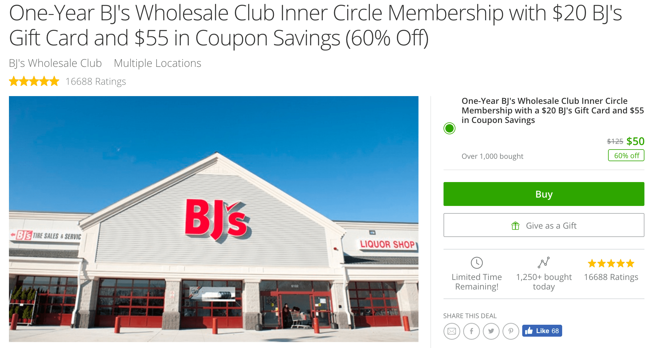 BJ's 1Year Membership with 20 Gift Card and 55 in coupons for 50
