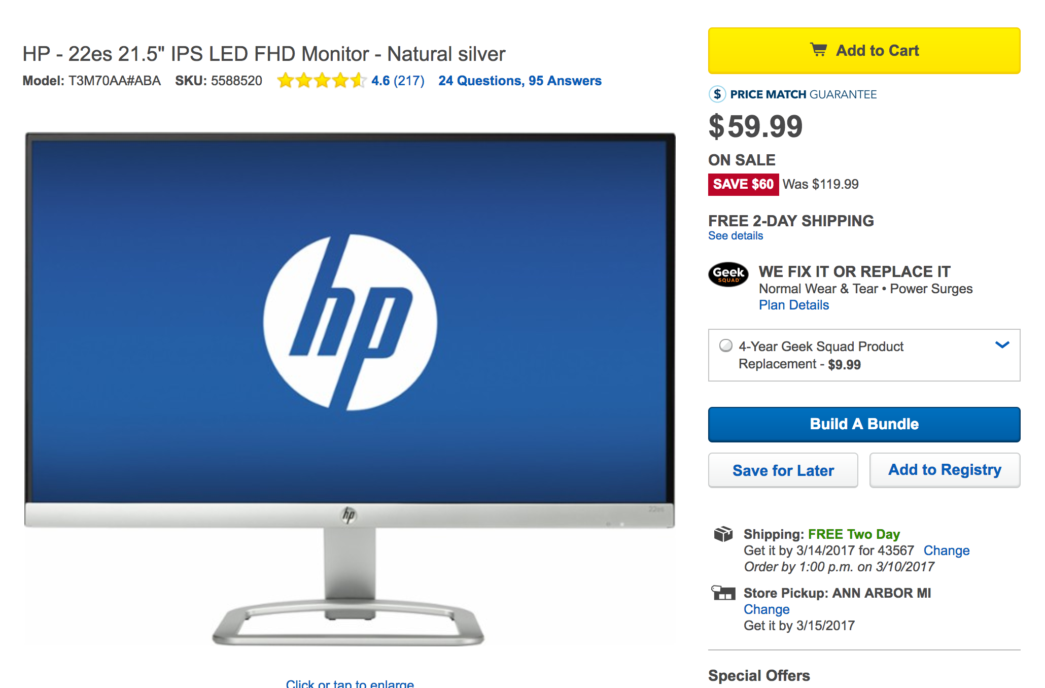 Add a 21inch HP 1080p Monitor w/ HDMI to your battlestation for 60