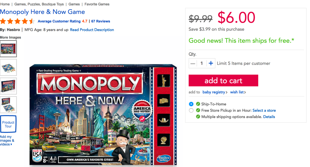 Monopoly Here and Now is a tribute to the classic favorite: Buy it for only $6 shipped $10)