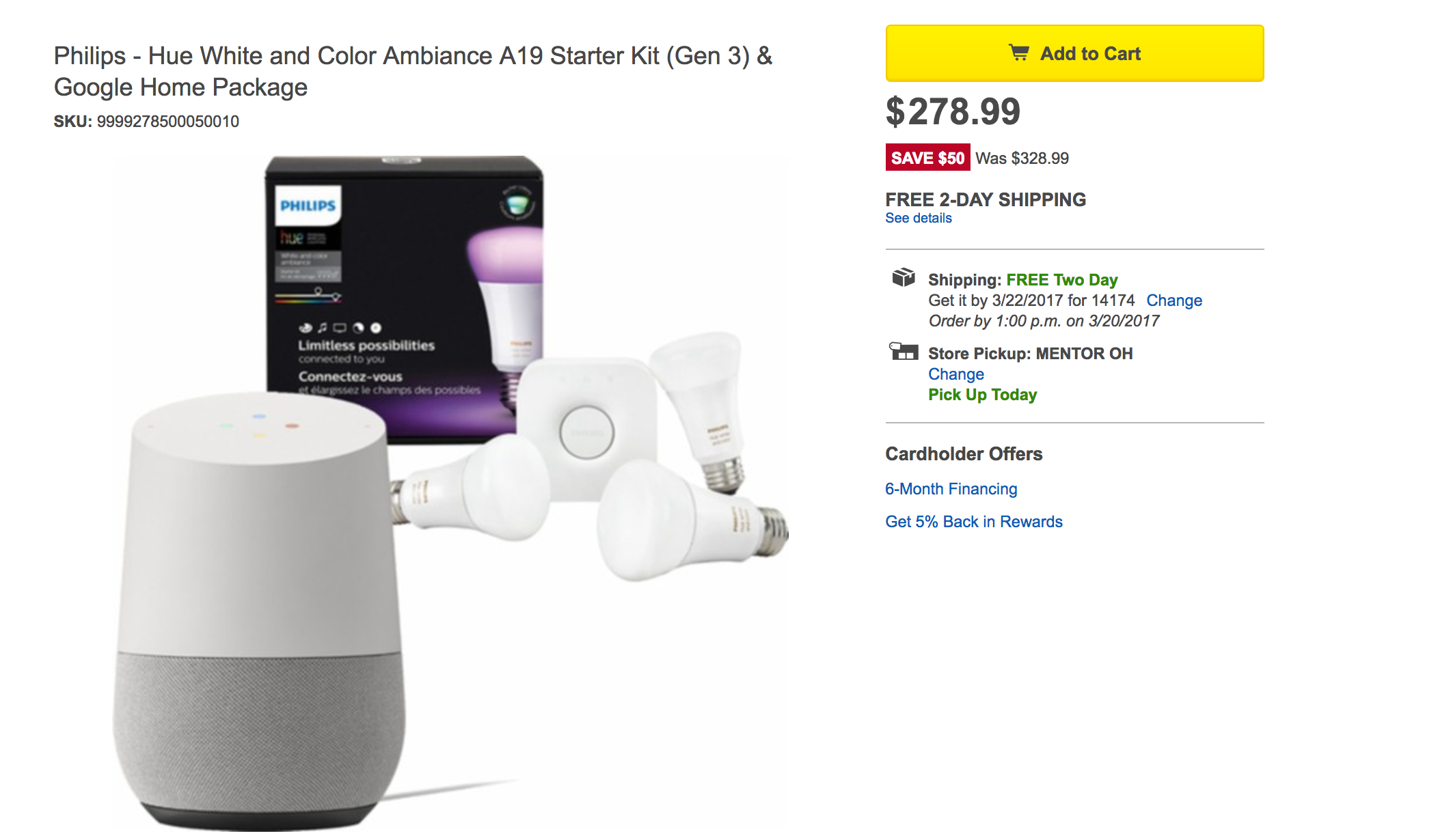 Best Buy is offering the Philips Hue White/Color Smart Bulb Starter Kit w/ a Google Home Speaker