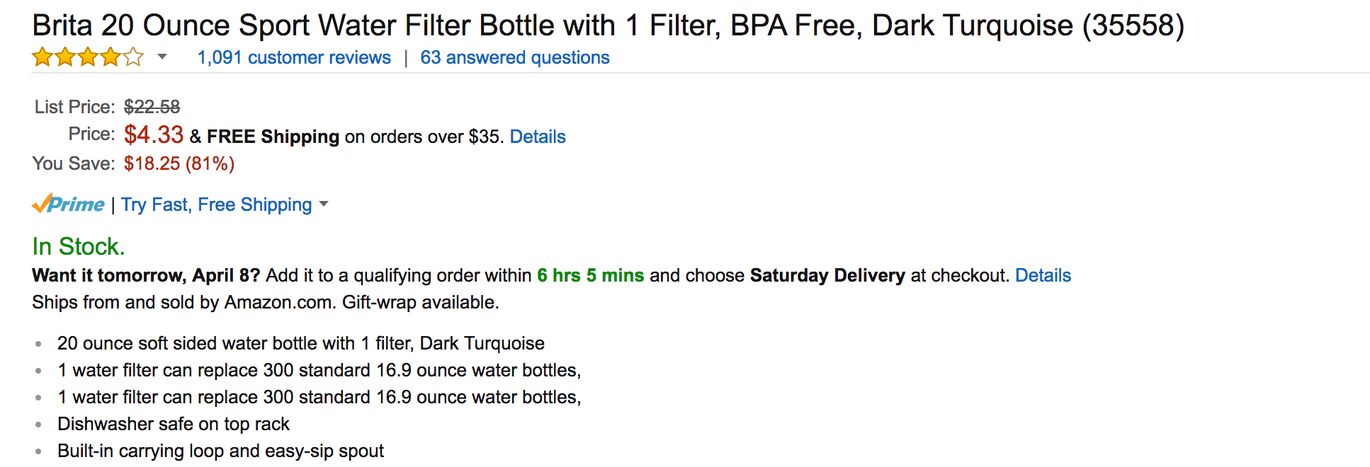 Brita Filtered Sport Water Bottle for just over $4 shipped (Prime only)