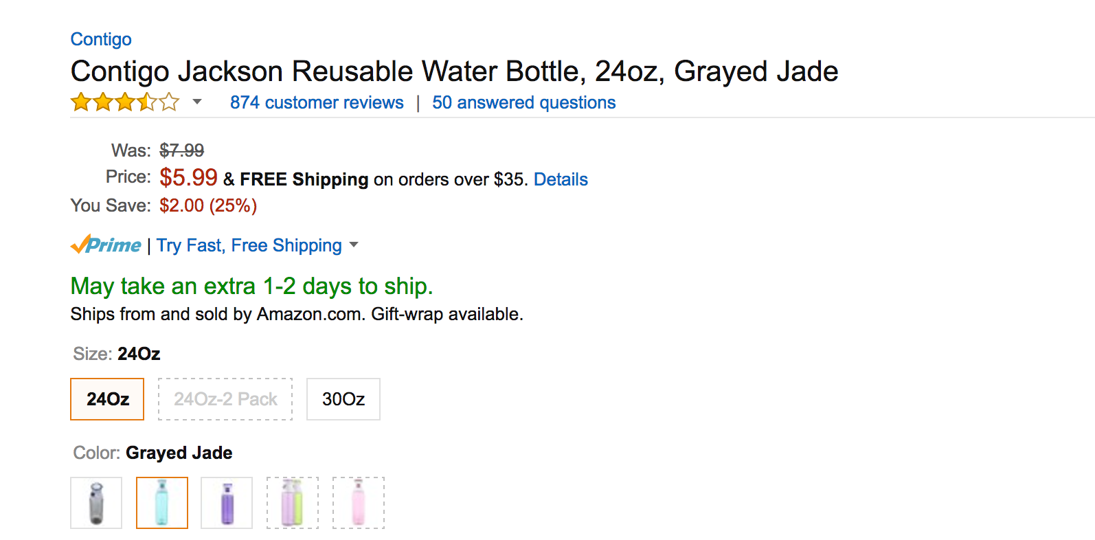 Contigo Jackson Reusable Water Bottle, 24 oz., Grayed Jade 