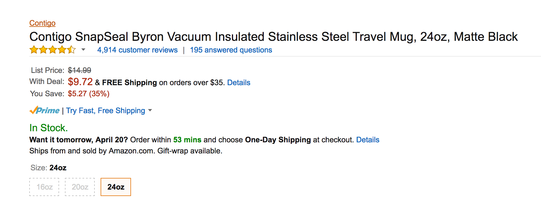 Contigo SnapSeal Stainless Steel 24oz Travel Mug for under $10