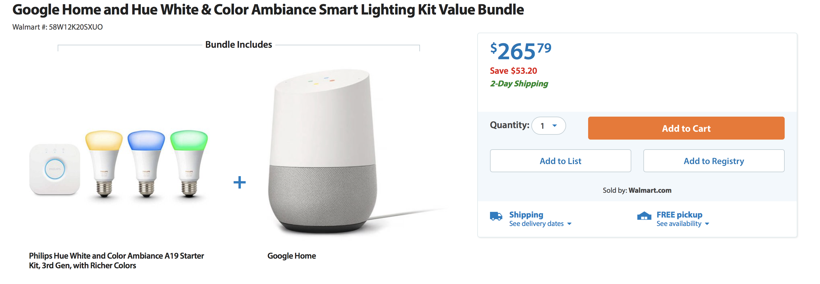 Image showcasing Google Home + Philips Hue Smart Lighting Kit bundle for $266