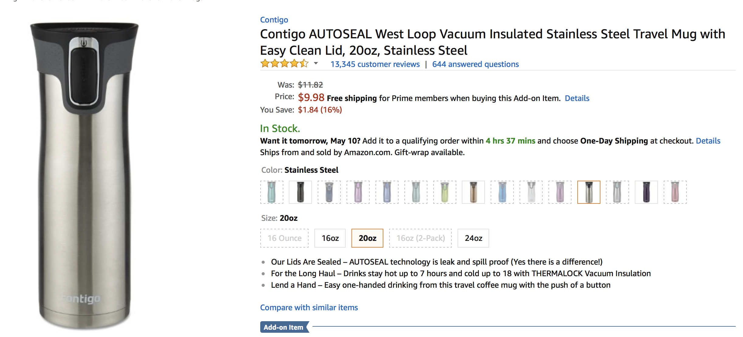 Contigo AUTOSEAL 20-oz Stainless Steel Travel Mug from under $10