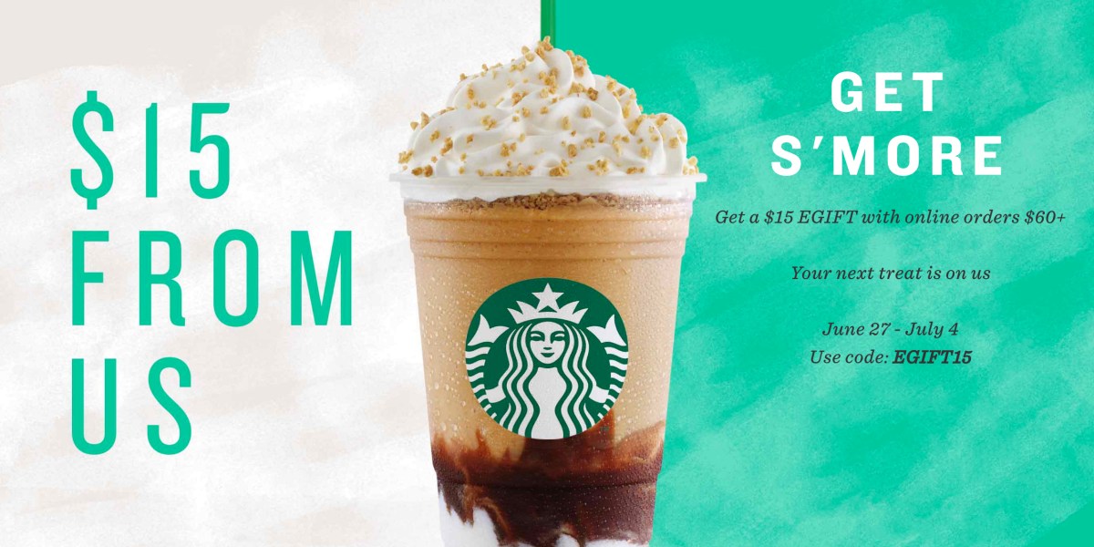 Starbucks offers a 15 eGift Card with a 60 purchase online