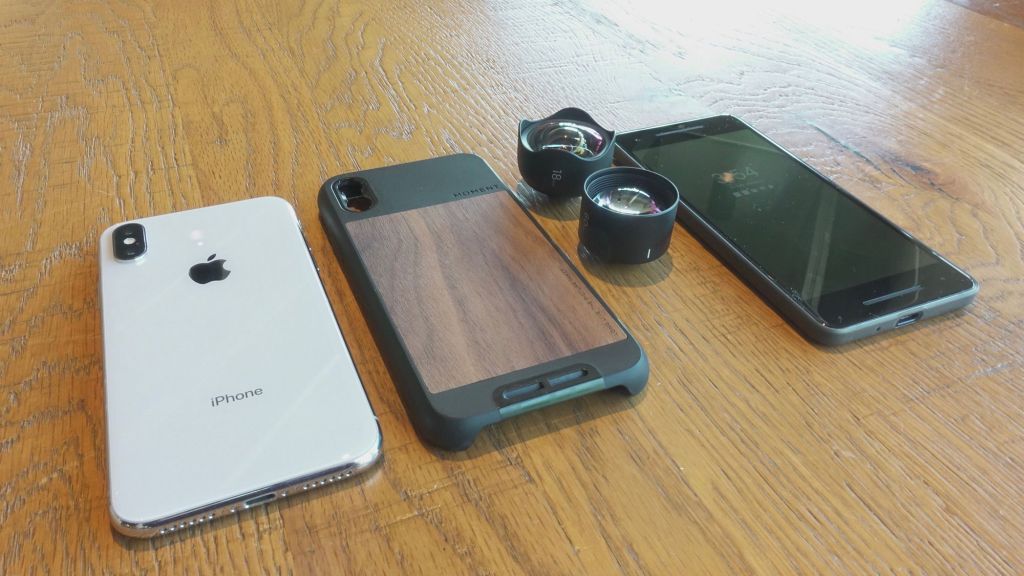 iPhone X, Moment Walnut Photo Case, Wide Lens, Tele Lens, and Pixel 2
