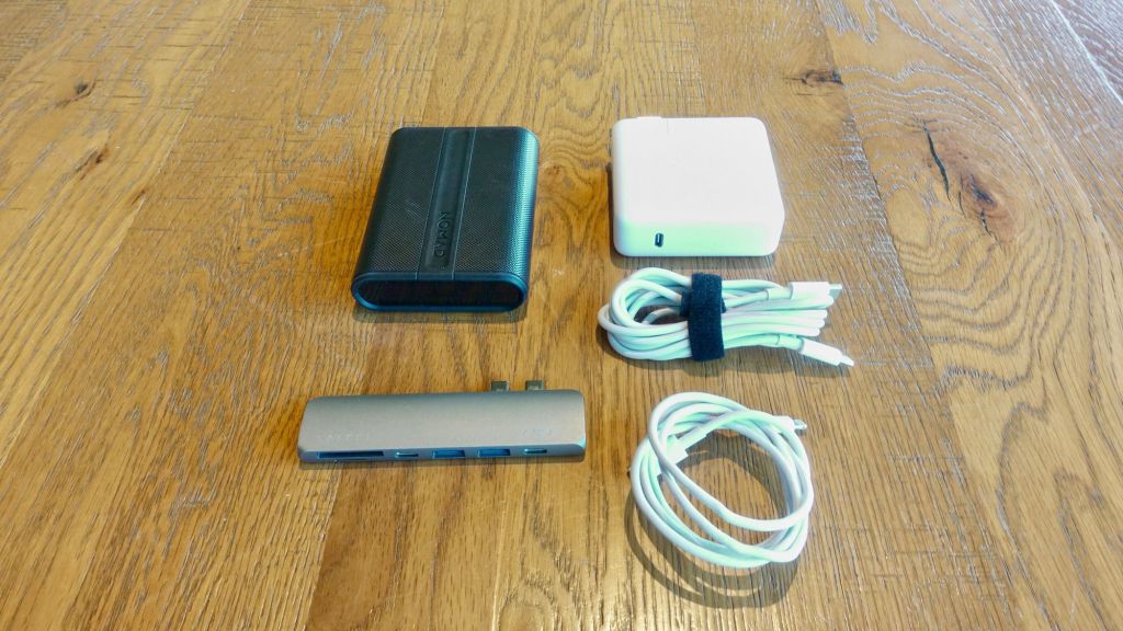 Nomad PowerPack, Apple MacBook Pro Type-C Power Adapter, USB-C Cable, Lightning to USB-C Cable, Satechi Pro Hub
