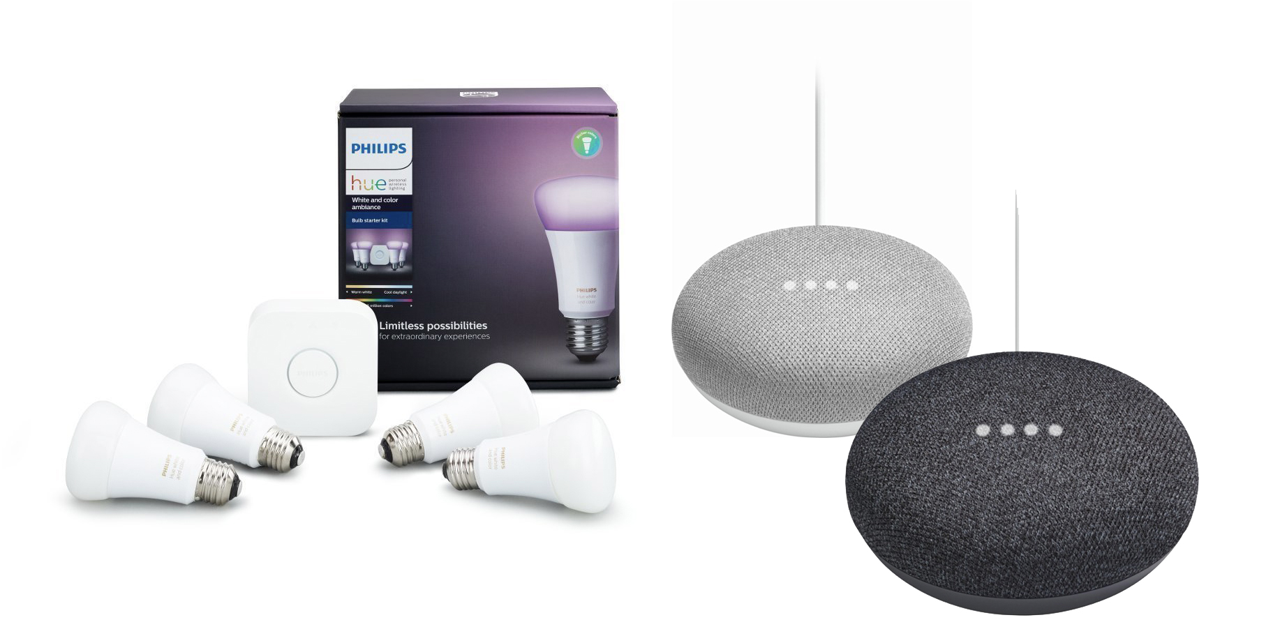 Philips Hue Color LED Starter Kit w/ two Google Home minis 182 (298 value)