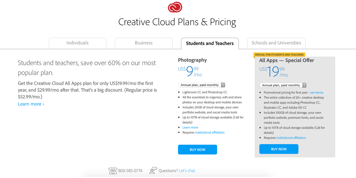 adobe creative cloud student pricing