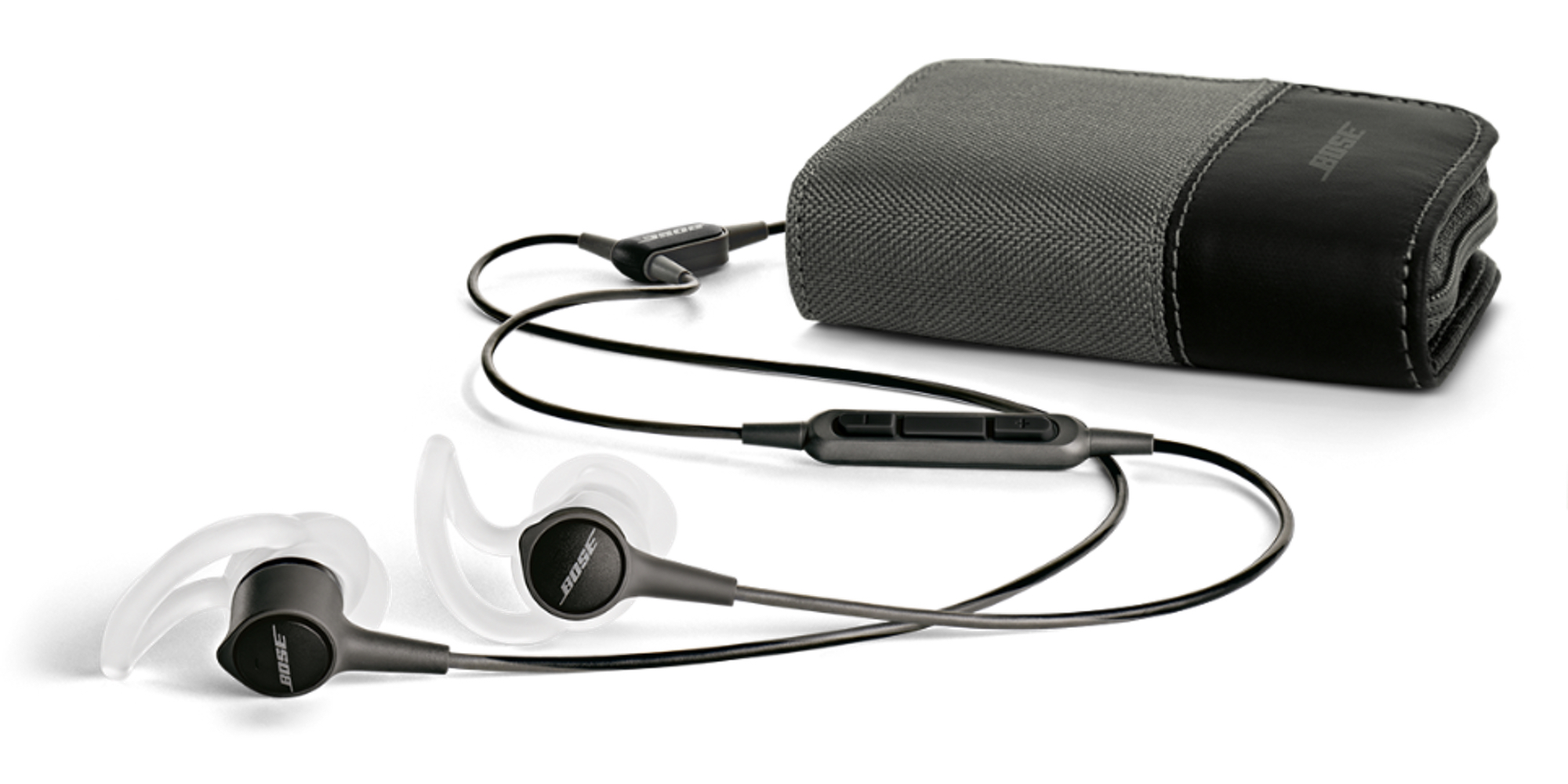 A product image of the Bose Ultra Open Earbuds, a pair of black wireless headphones with a carrying case, available in Indonesia.