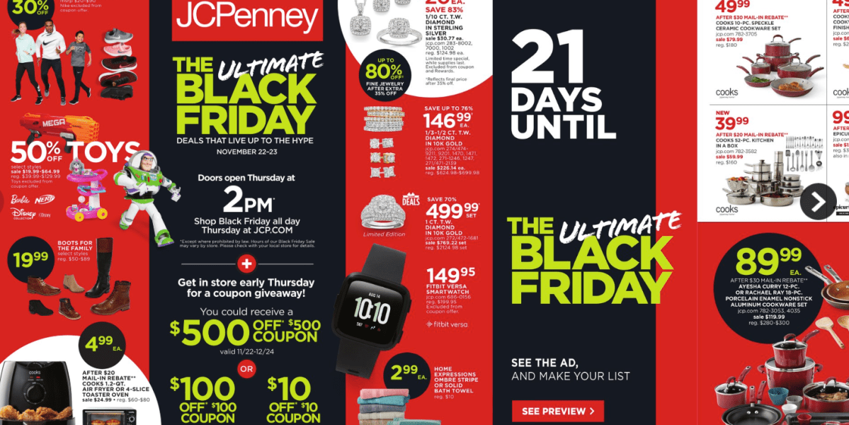 Precioso dólar estadounidense Bóveda JCPenney Black Friday 2018 ad: UHDTVs, Nike/adidas apparel, kitchen goods,  more