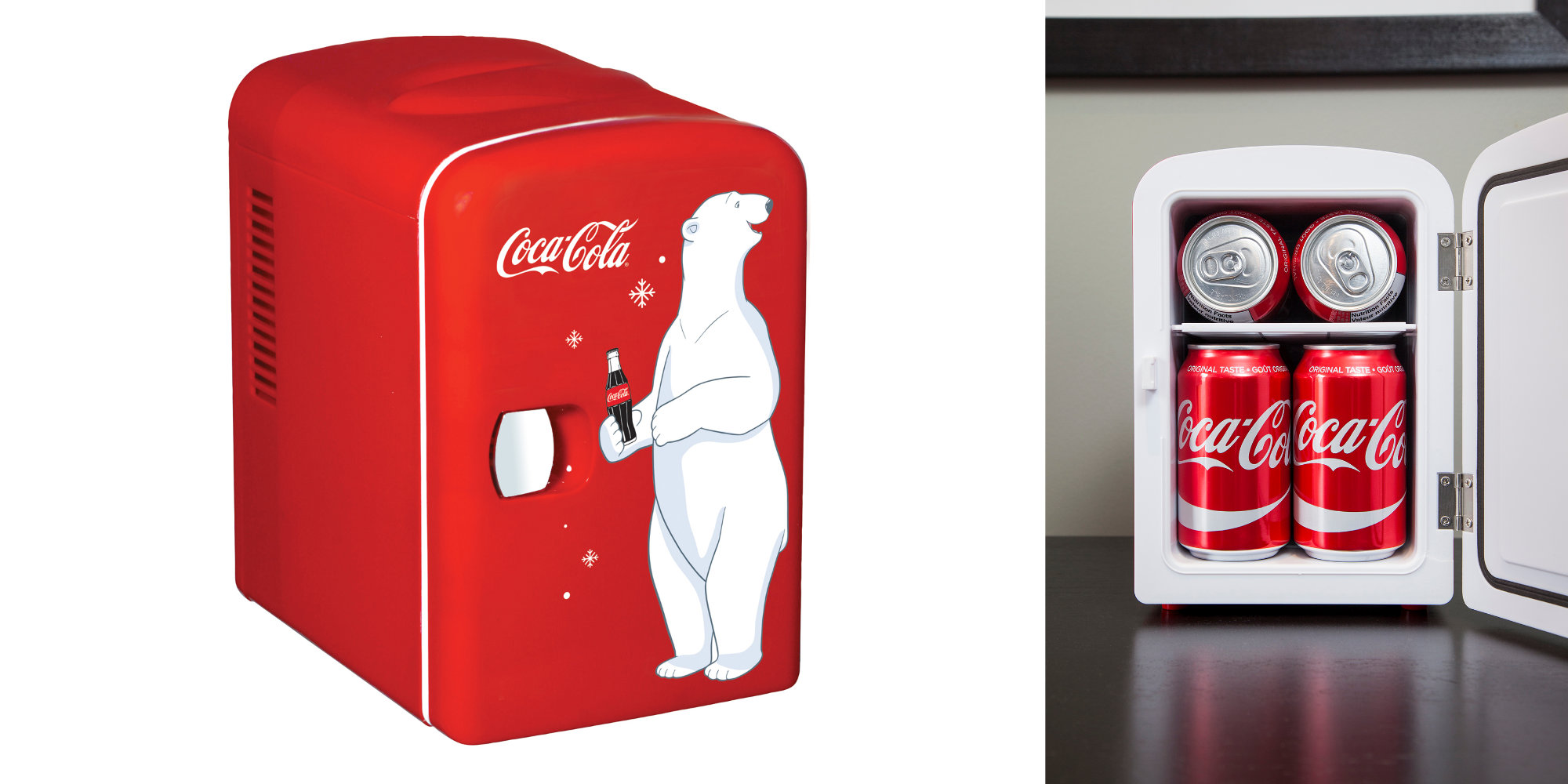 This CocaCola Mini Fridge holds 6 cans of your favorite soda or beer