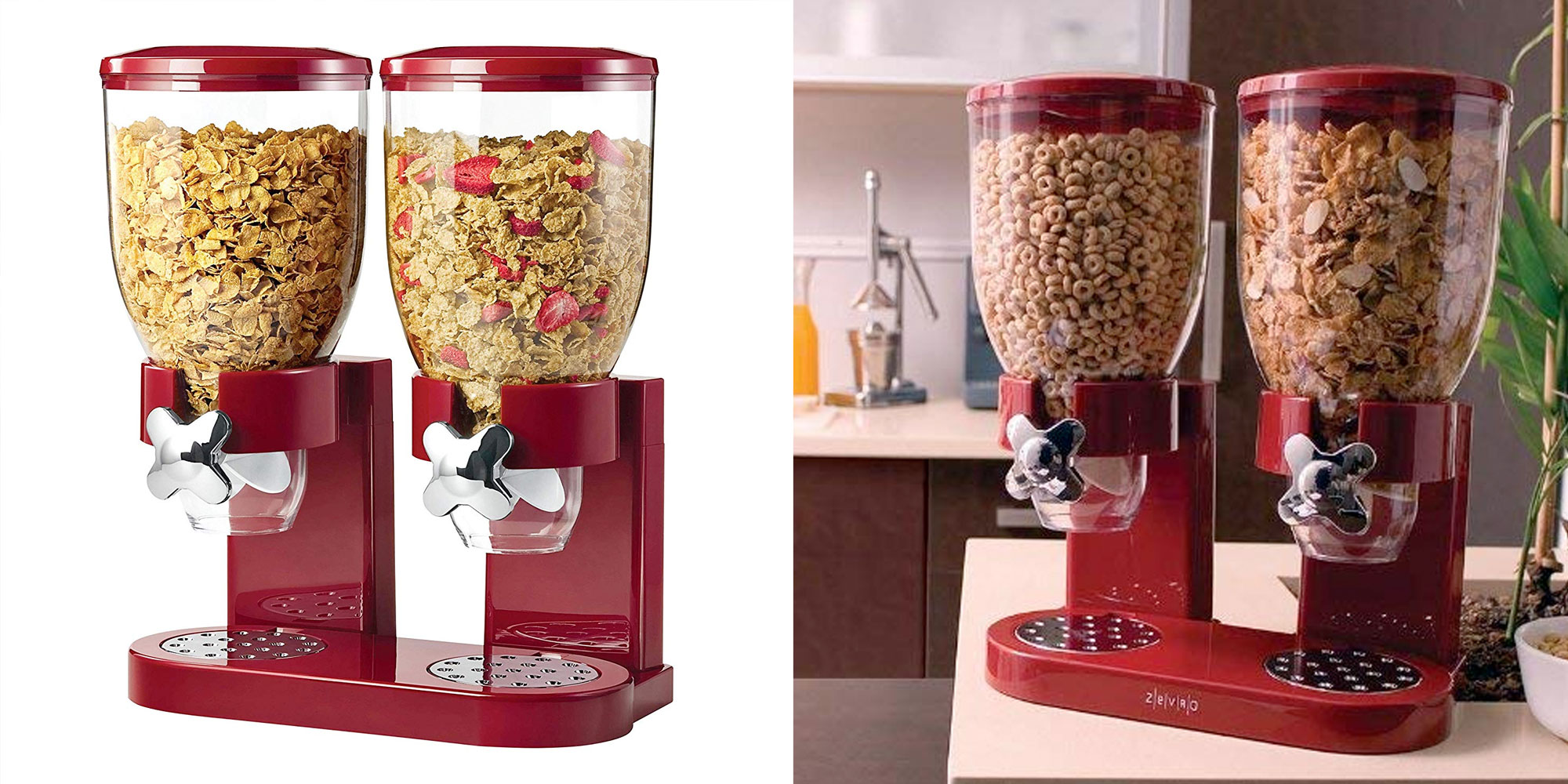 This double cereal dispenser features portion control for the perfect