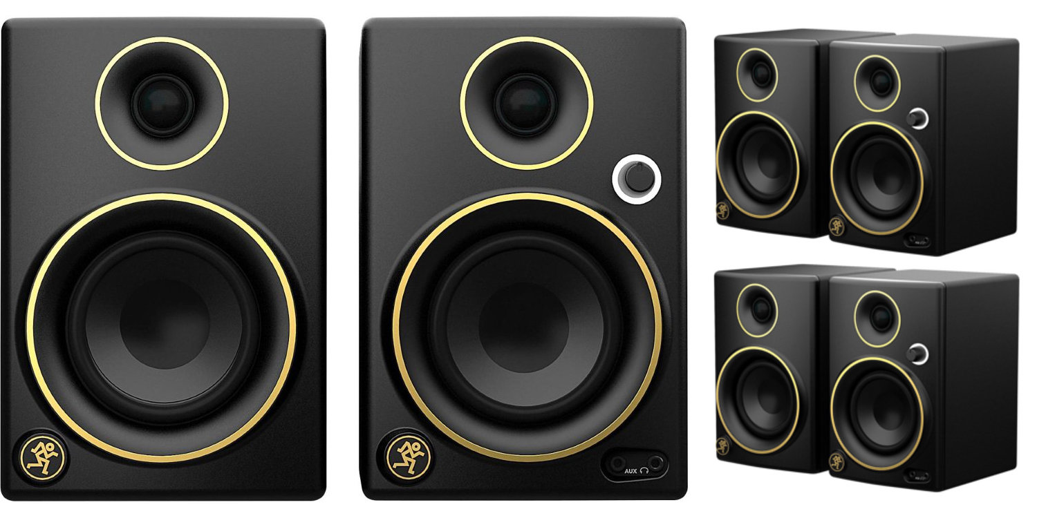 Put the gold trim Mackie CR3 Multimedia Monitors on your desk for 