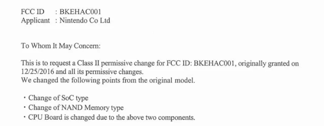 original Nintendo Switch FCC documento 