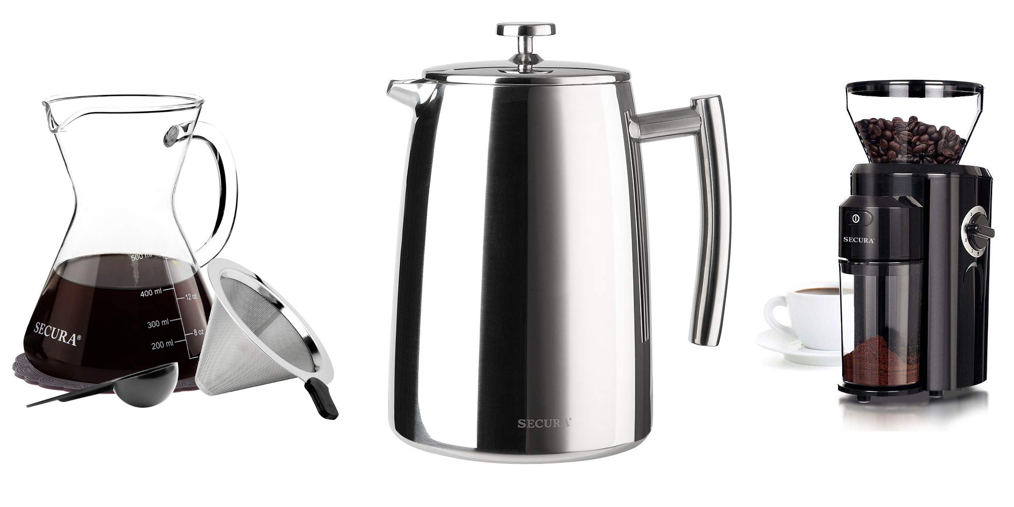 Coffee makers, kettles, and grinders 