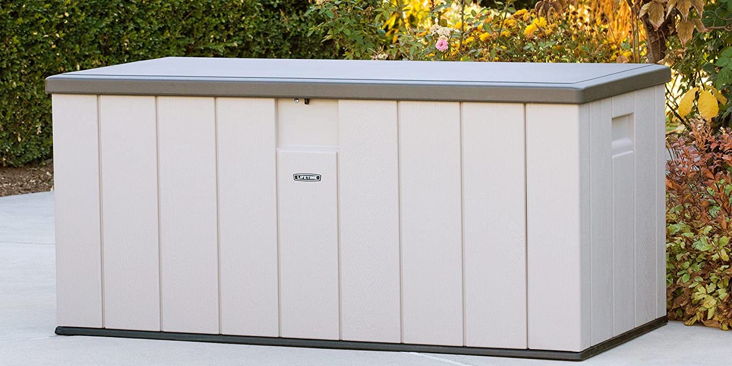 This Lifetime Deck Box has 150gallons of outdoor storage at 170
