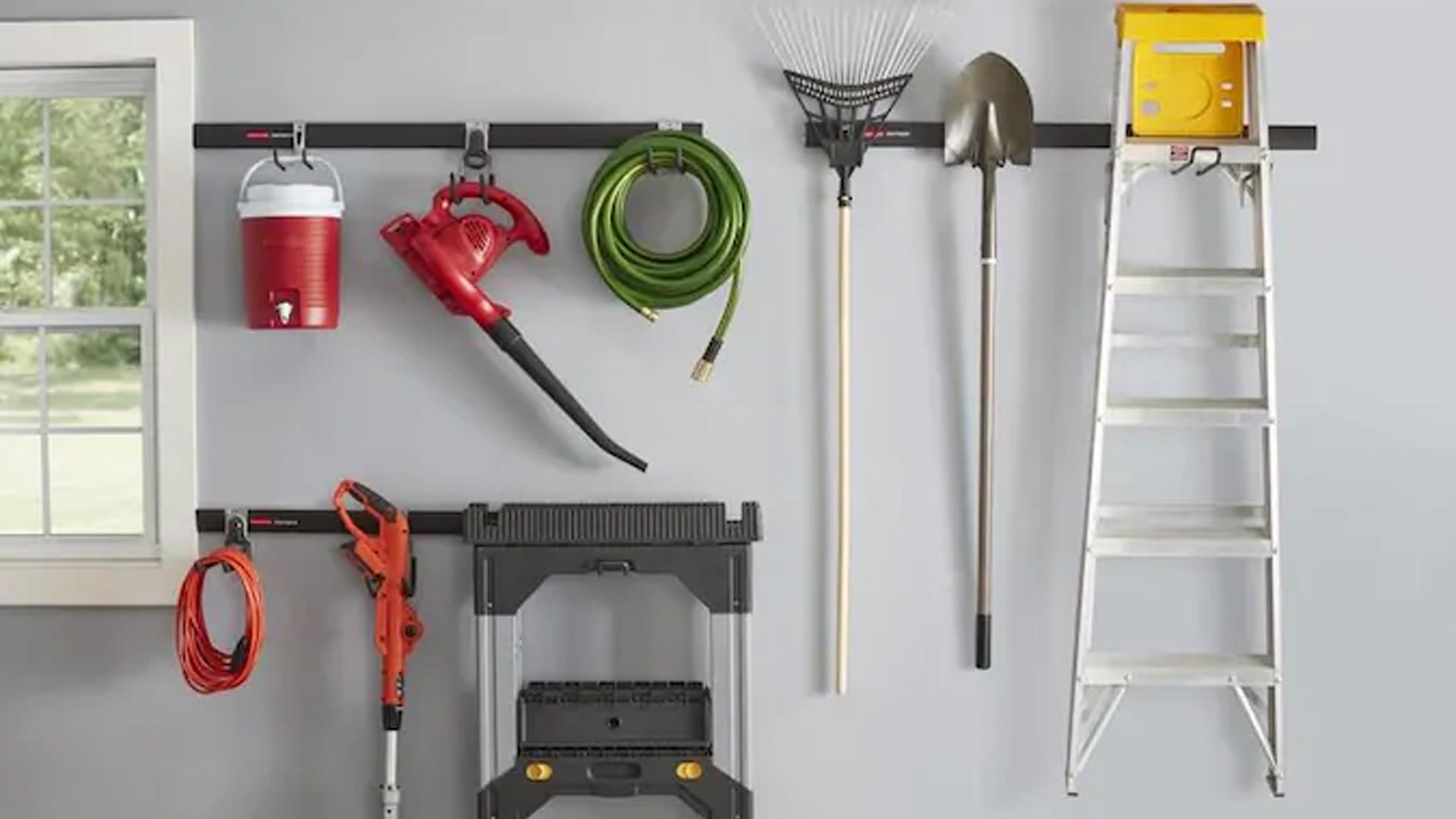 Organize your garage with the Rubbermaid FastTrack rail system at a low
