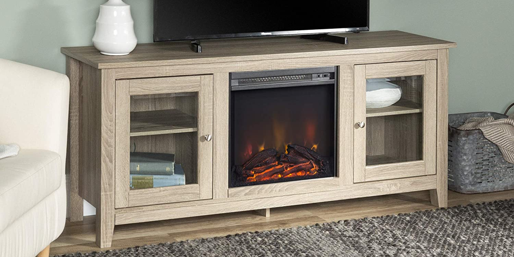 A builtin fireplace adorns this Walker Edison TV Stand at 239 (Save 50)