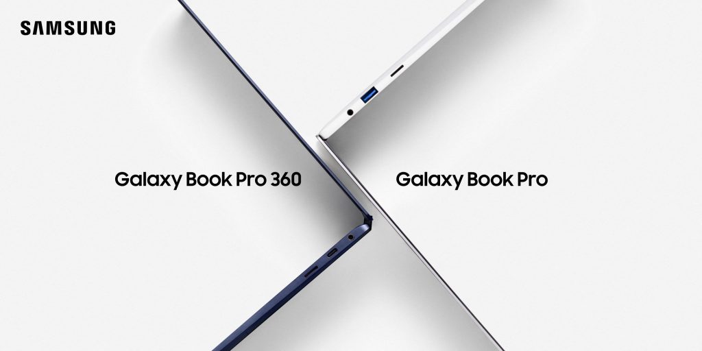 Samsung Galaxy Book Pro and Pro 360 angled in a "x" formation to showcase the ultrathin design. 