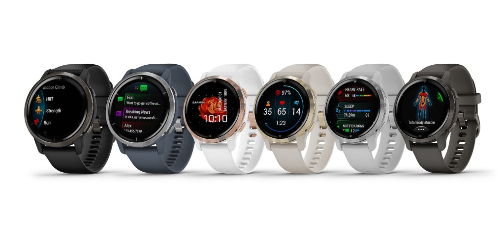 The entire Venu 2 smartwatch series lined up from largest to smallest, in an array of 6 color schemes.