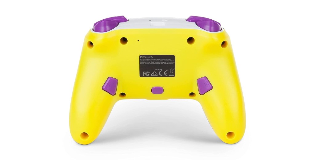 PowerA's Waluigi controller for Nintendo Switch as seen from the back.