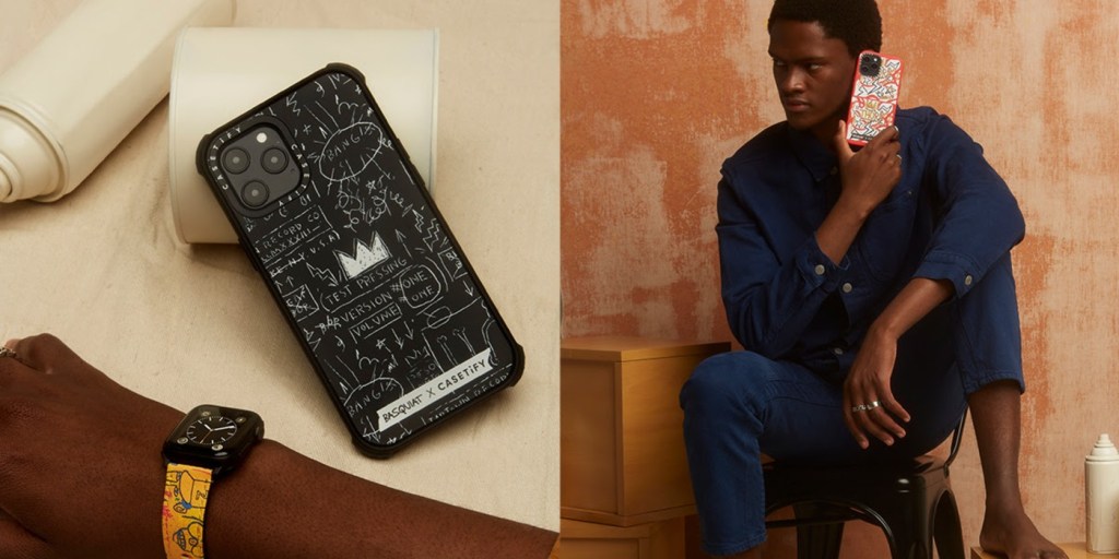 CASETiFY x Basquiat phone cases and apple watch bands displayed on various models