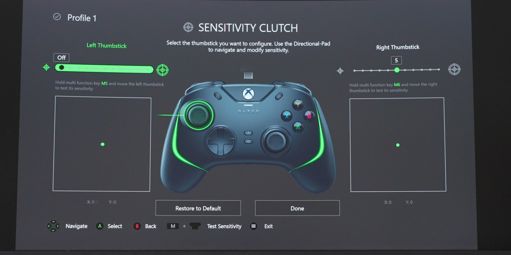 Adjusting the sensitivity clutch through the Razer Controller Setup for Xbox app.