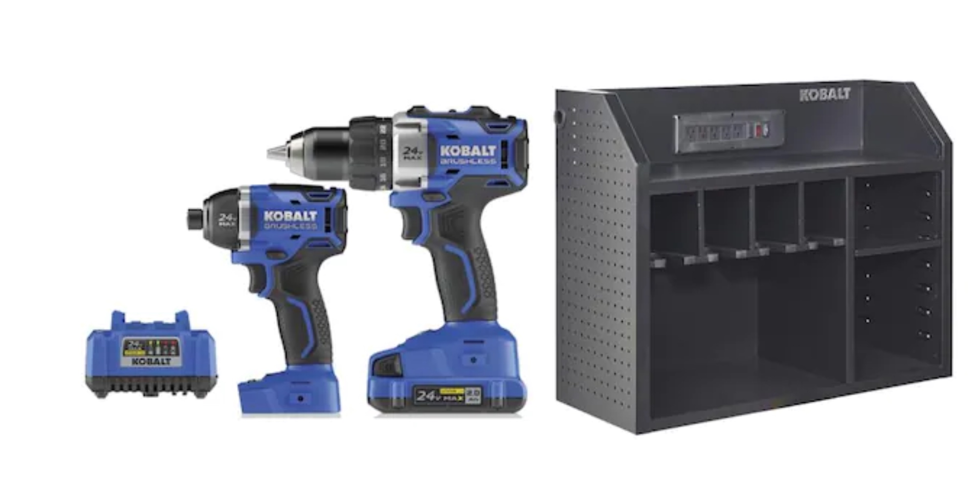 Kobalt's drill/driver combo kit includes a wall storage organizer to