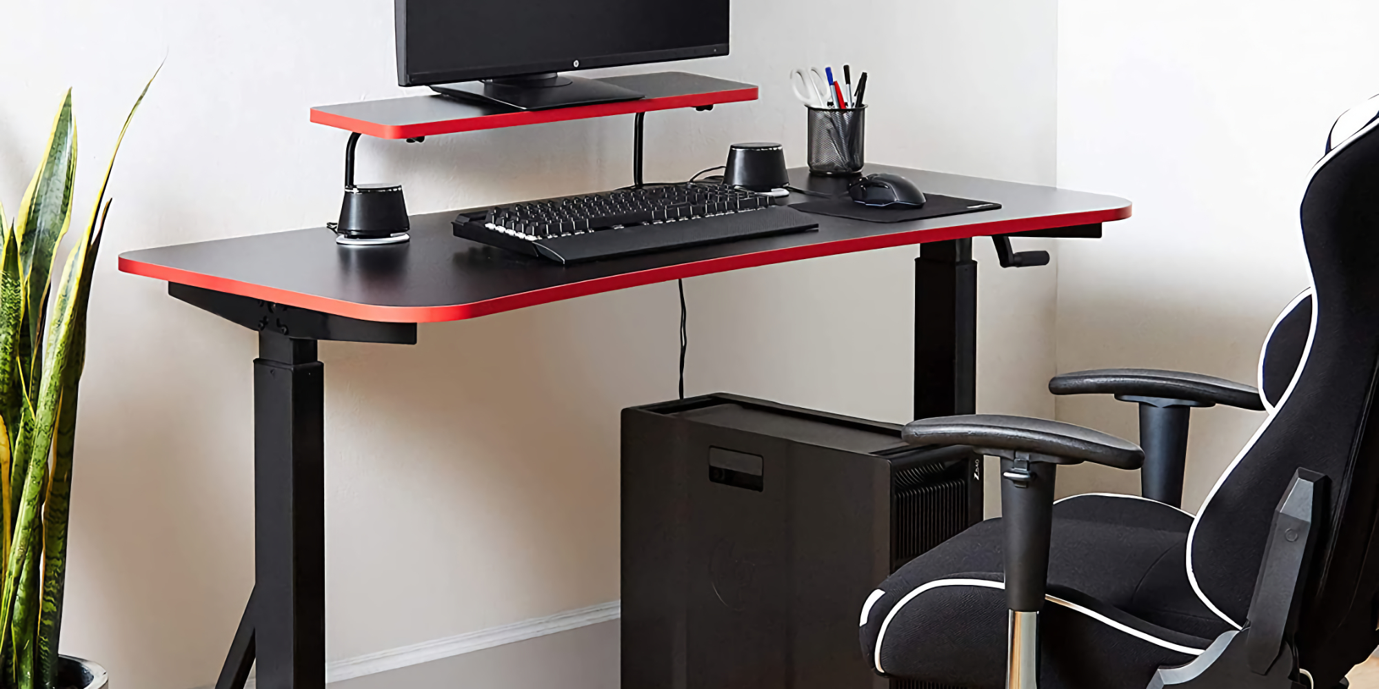 Gaming Desk Adjustable Monitor Shelf Solid Steel Leg Natural Wood Veneer Top 