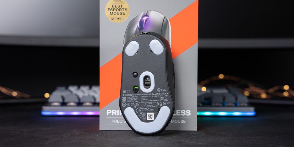 The SteelSeries Prime Mini Wireless uses 100% virgin PTFE feet for smooth movement.