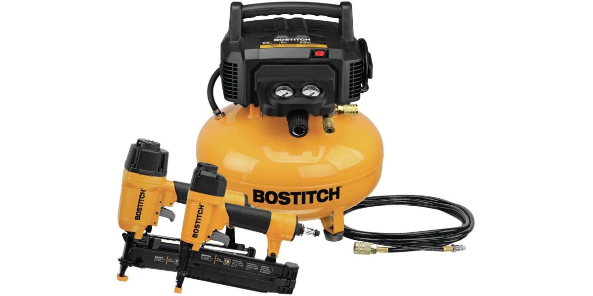 This Bostitch air compressor bundle includes two pneumatic nail guns