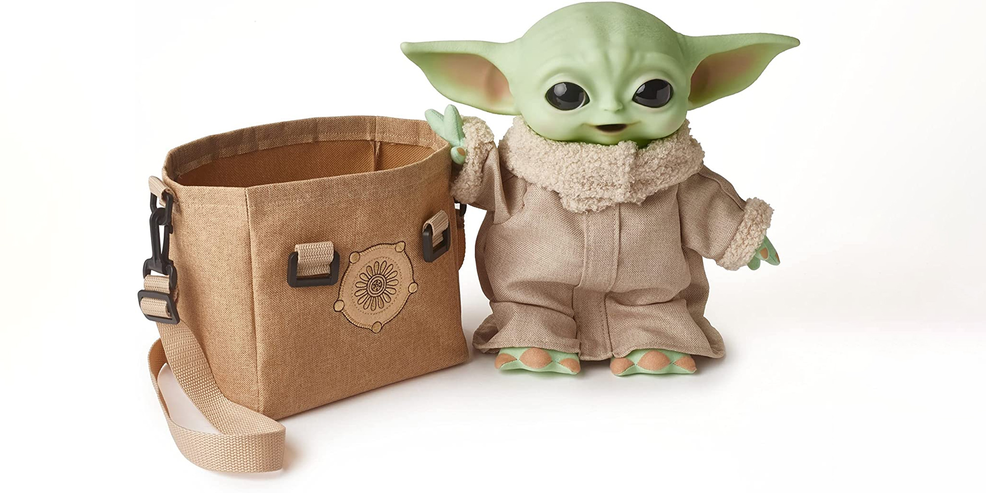 An included satchel makes it easy to carry Baby Yoda around with you