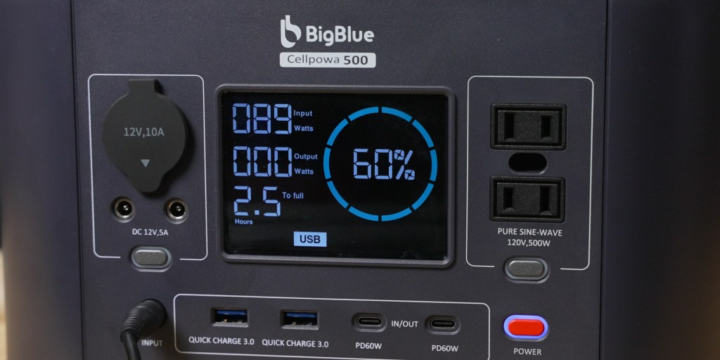 The BigBlue Cellpowa500 displays how long it will take to re-charge the portable power station. 