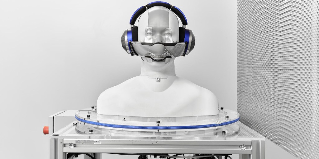 Dyson's breathing mannequin, Frank, wearing the Dyson Zone