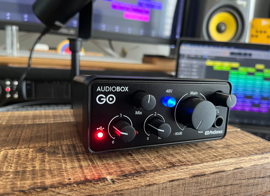 Front panel of the affordable PreSonus AudioBox GO audio interface