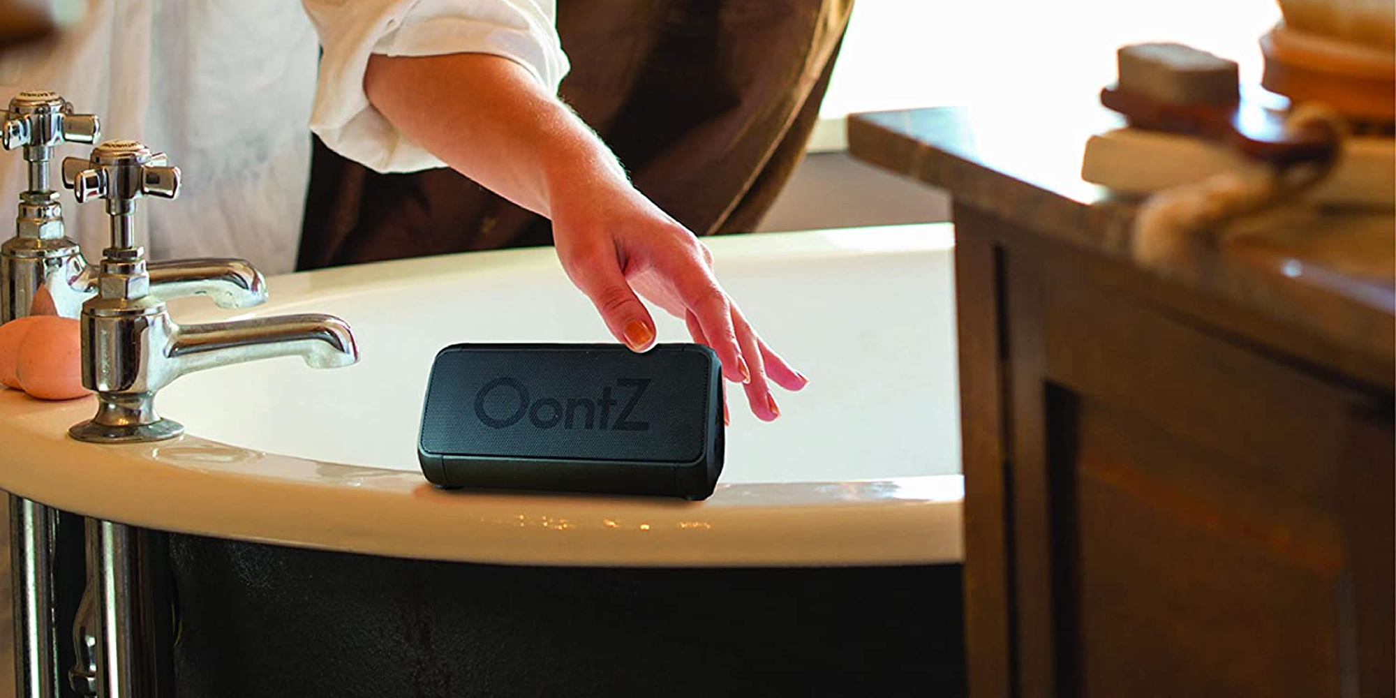 Talk with Alexa in the bathroom using the Oontz Angle 3 Shower Plus Bluetooth speaker at 25