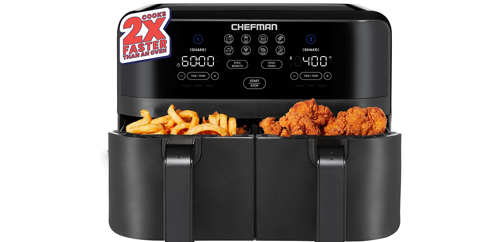 Double up dinner with Chefman's dual-basket 9-qt. Turbo Air Fryer