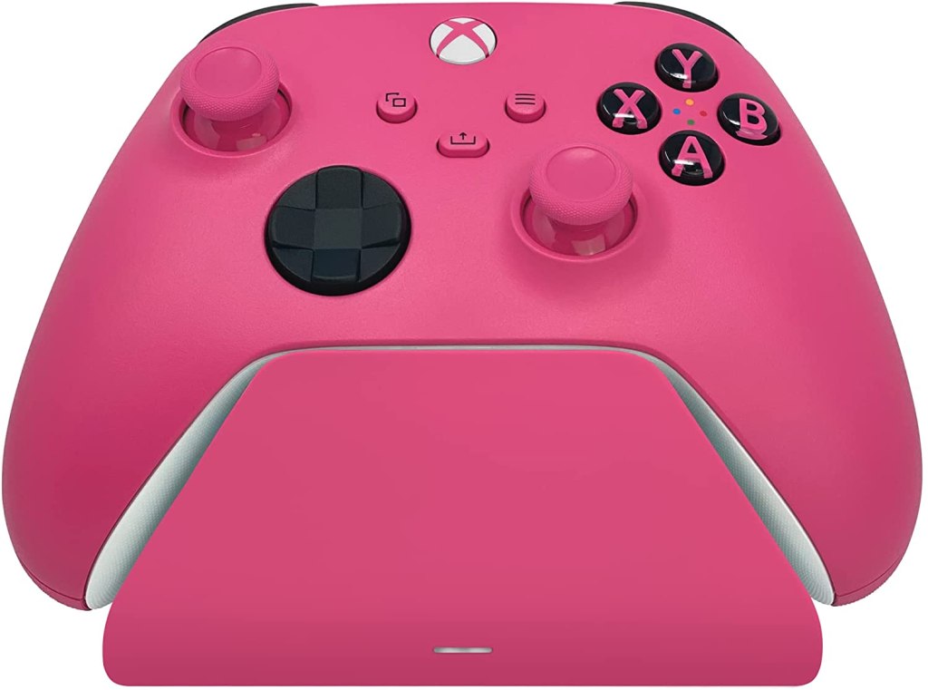 official pink Xbox controller and matching Razer charging stand