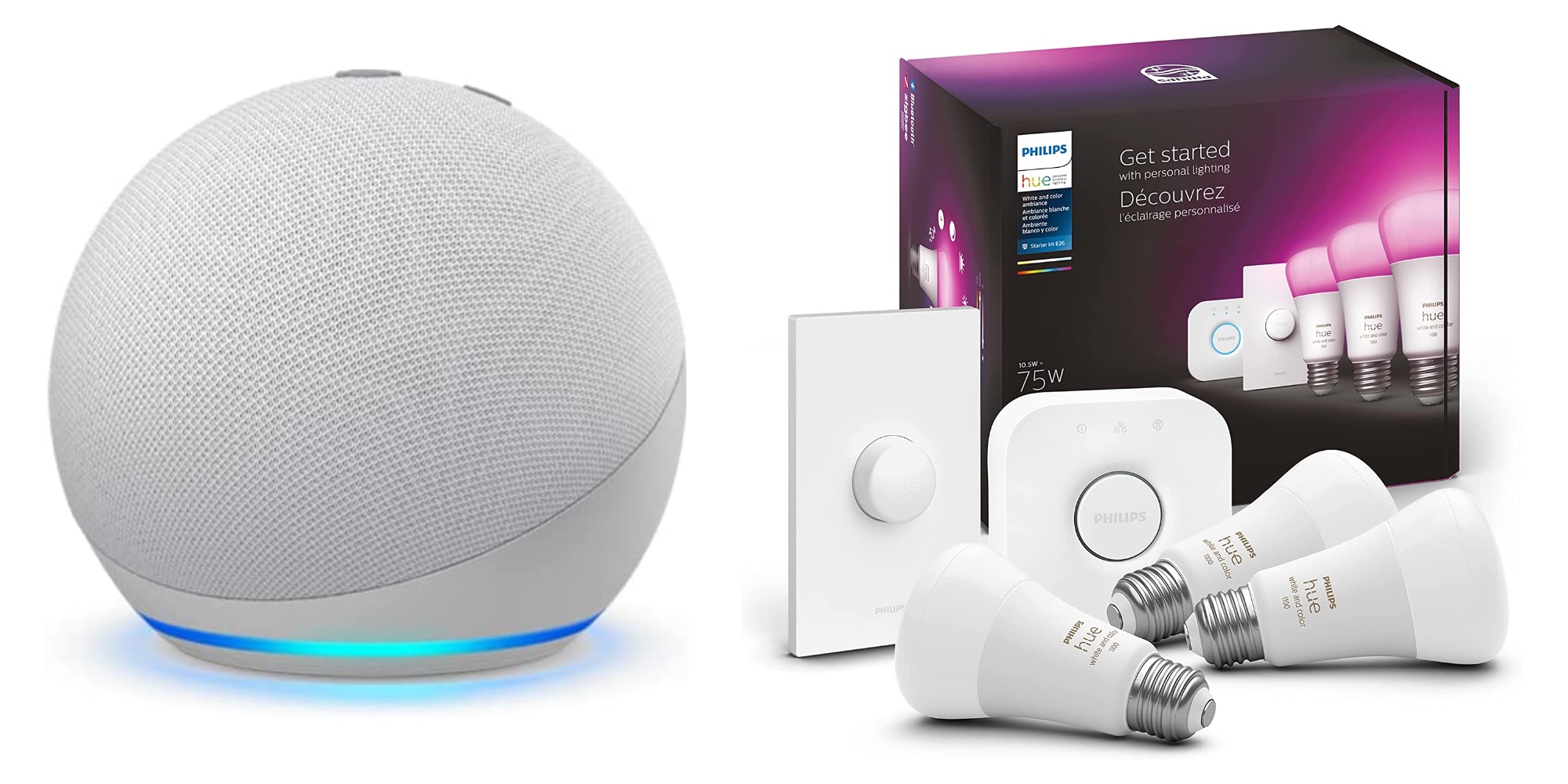 Bundle Philips Hue 3-bulb color starter kits with Echo Dots from