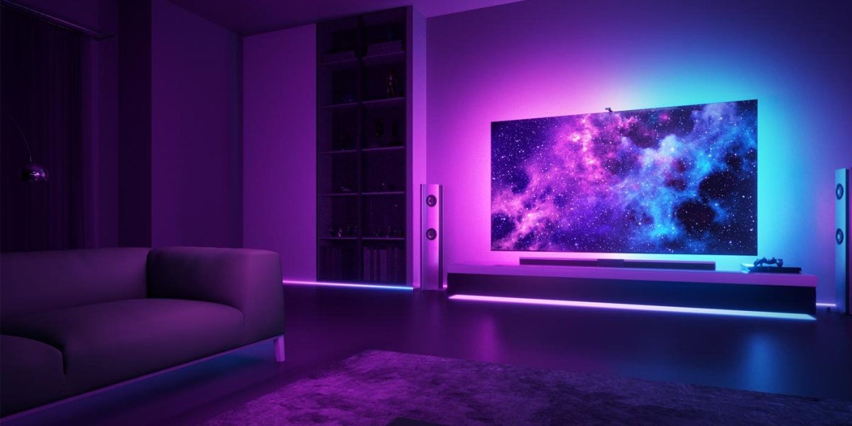 a flat screen tv sitting in a dark room